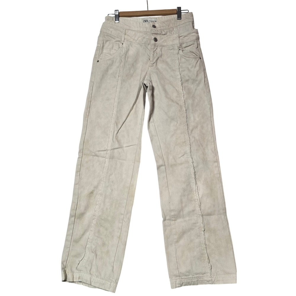 ZARA Double Waistband Denim Wide Leg Jeans Cream Beige‎ Womens Sz 6 Asymmetrical